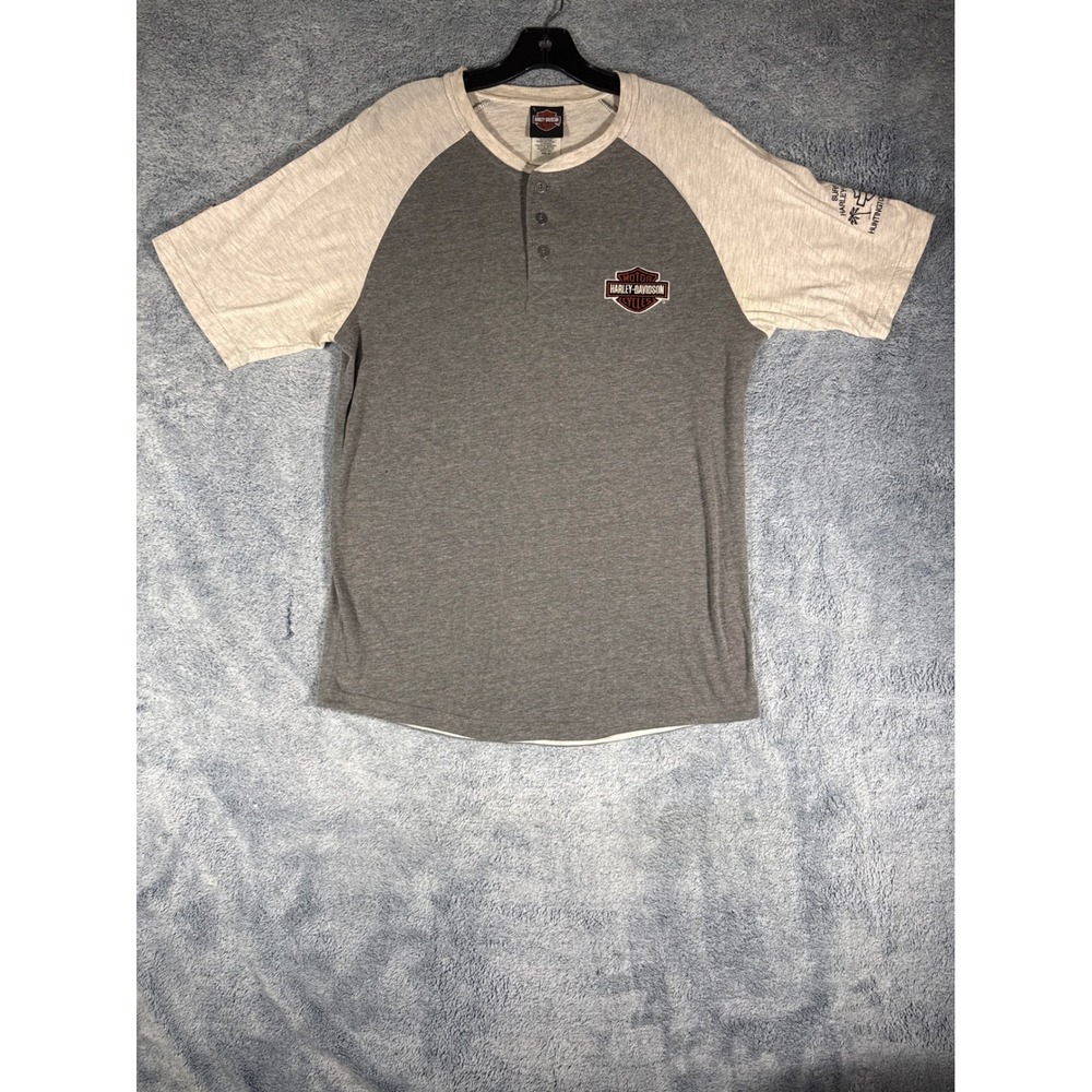 Harley-Davidson‎ Mens Henley Shirt Grey Raglan Surf City Huntington Beach M